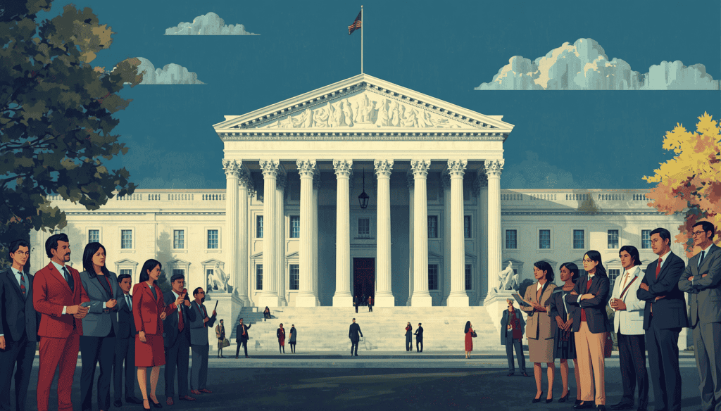 Illustration of the civil rights lawyer meeting groups outside a large courthouse with columns.
