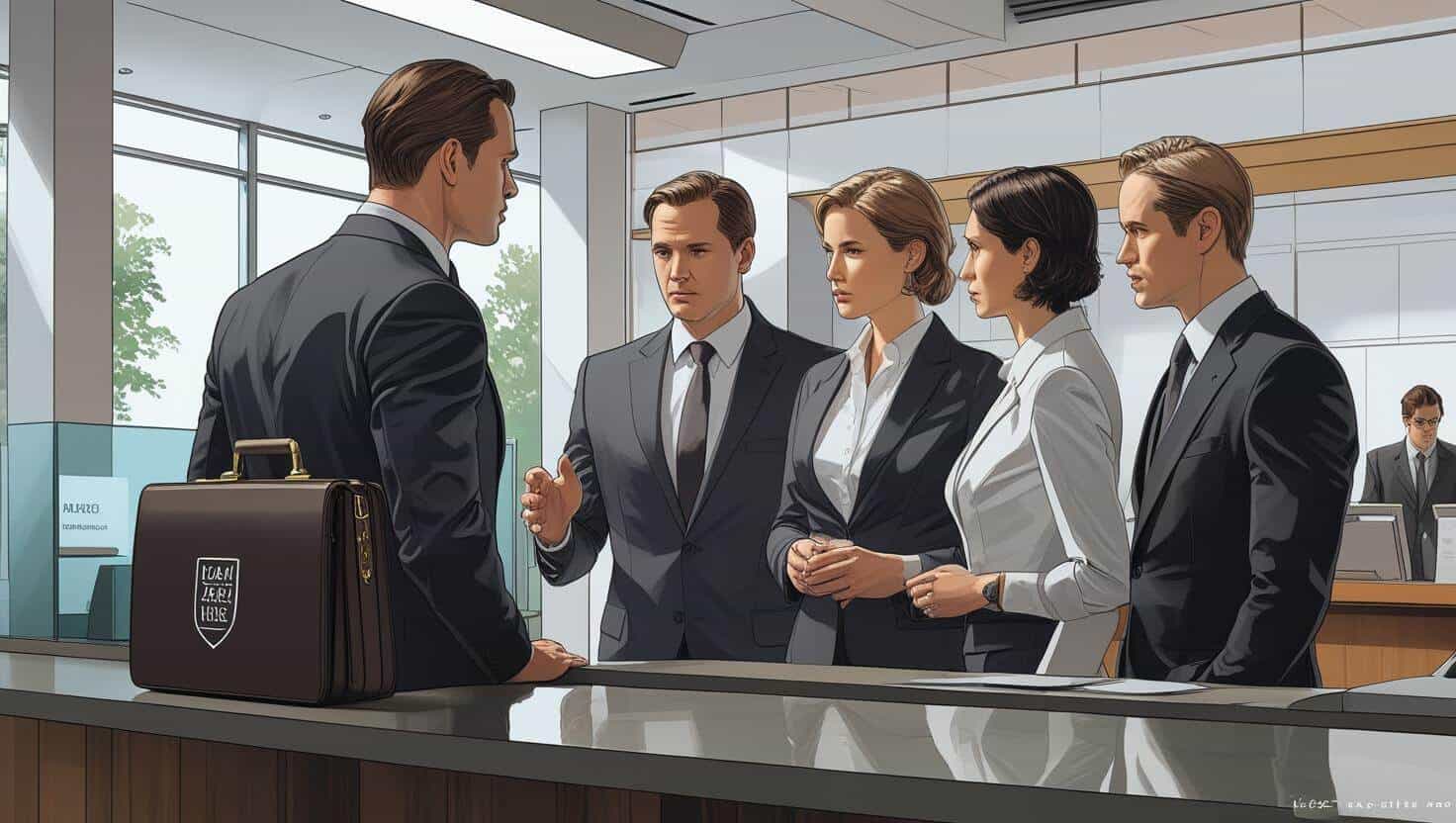 Lawyer for banking issues meeting with business professionals inside a modern bank office to discuss financial and legal strategies.