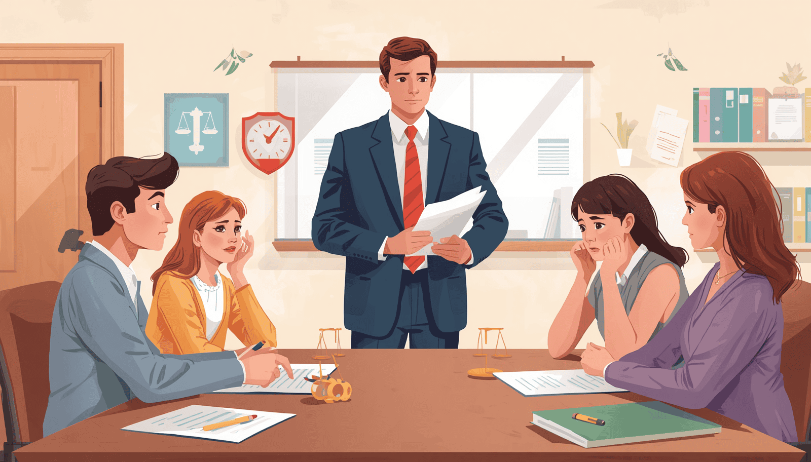 Education law attorney standing with documents during a school dispute meeting with parents and students.