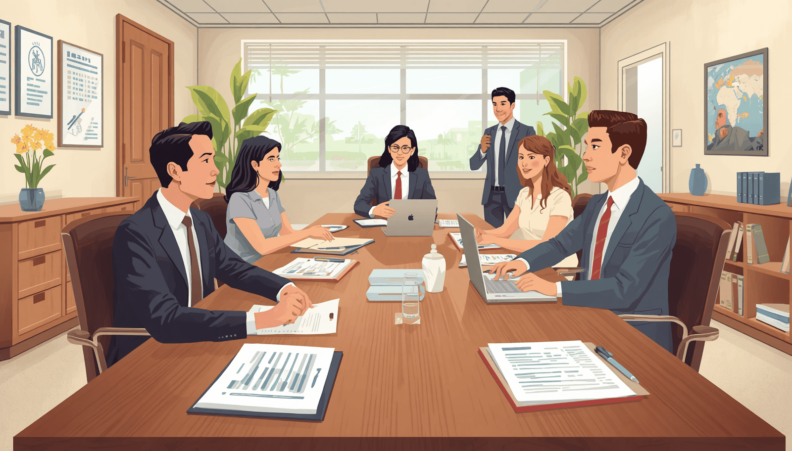 Education law firm meeting with professionals reviewing documents and laptops in a conference room.