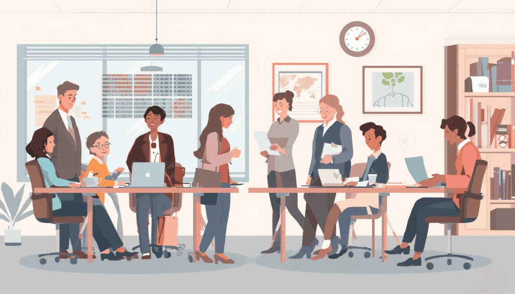 People meeting in a bright office with children, laptops, and documents for education law firm services.