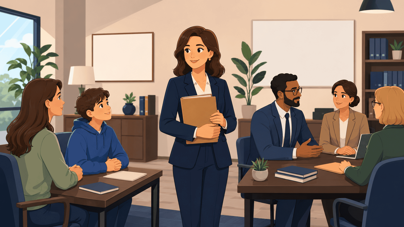 Education law office meeting with lawyers, a parent, and a student seated around tables.
