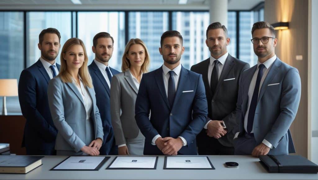 Group of professional lawyers for banking issues standing together in a modern office, symbolizing teamwork, ethics, and expertise in handling complex banking law cases.