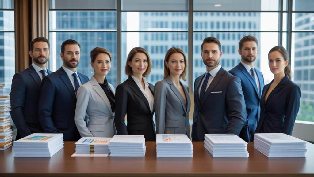 Professional team of lawyers for banking issues standing together in a corporate office with financial documents on the table, symbolizing expertise in banking law.