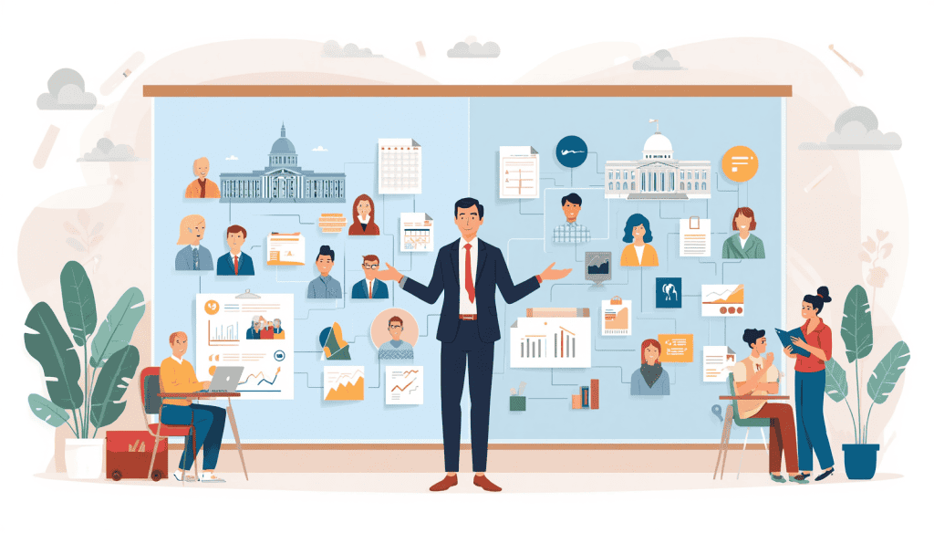 Education law firm presentation showing policies, government buildings, charts, and client profiles.