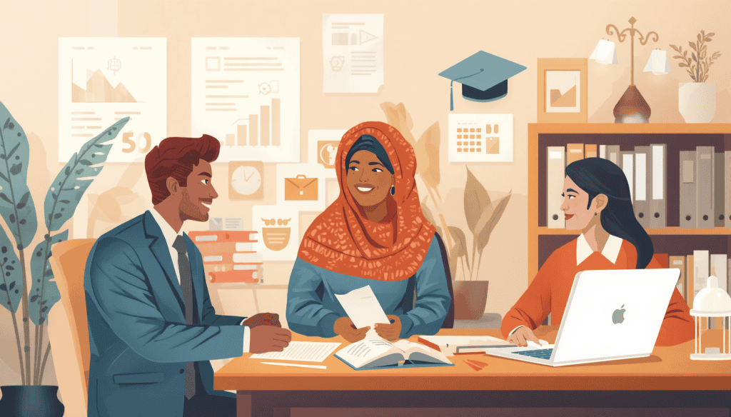 Masters or Legal Studies Programs in Special Education Advocacy Special education law degree advising scene with three people reviewing papers in an office.