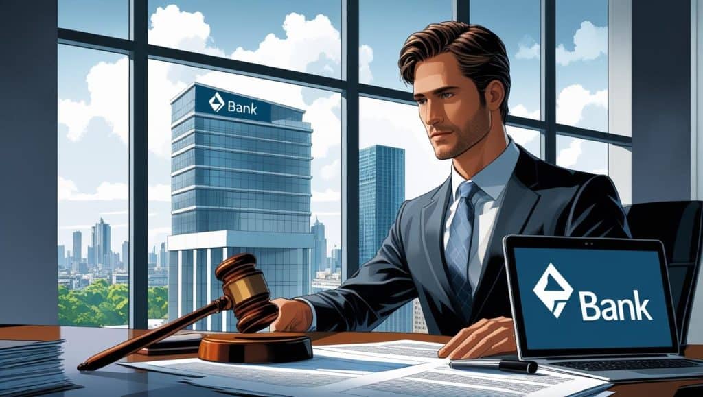 Lawyer for banking issues reviewing contracts with a gavel and bank documents in a corporate office, representing legal guidance in financial matters.