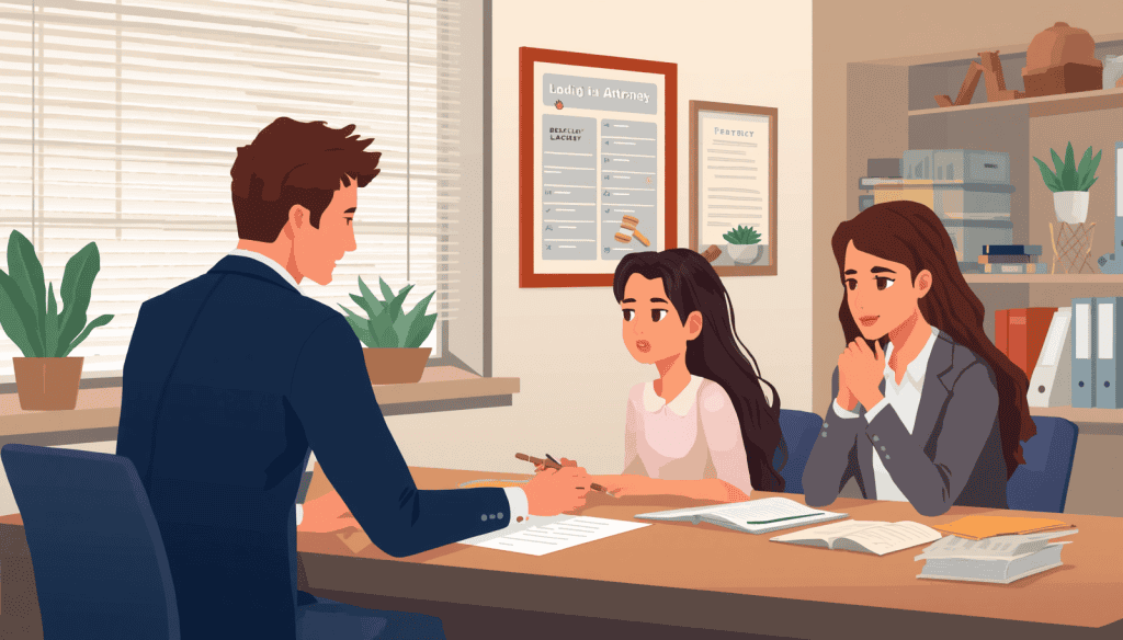 Education law firm consultation with an attorney, parent, and child reviewing documents in an office.