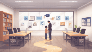 Special education law degree concept with an adult and child beneath graduation and accessibility icons.