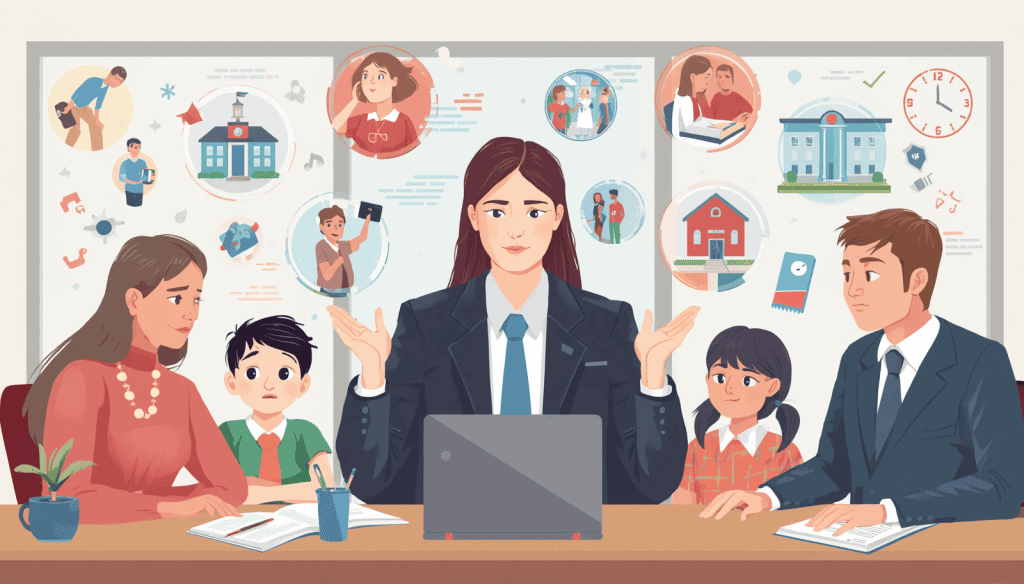 Education law firm consultation with parents, children, and attorneys discussing school-related issues.