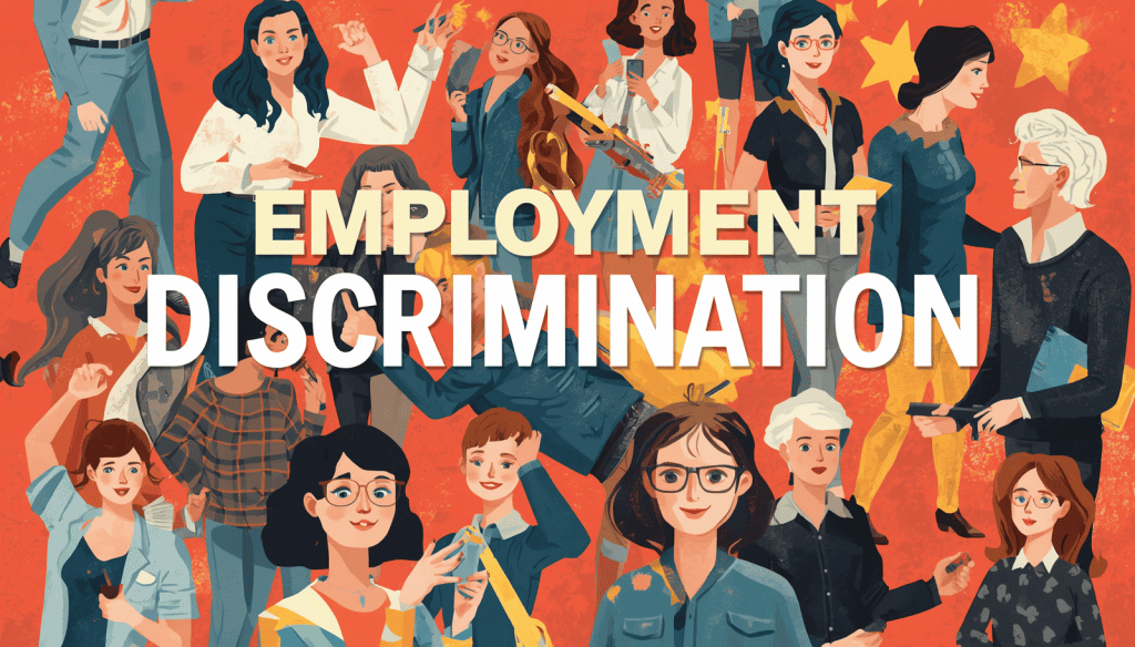 Employment discrimination graphic with diverse workers for violation of civil rights examples.