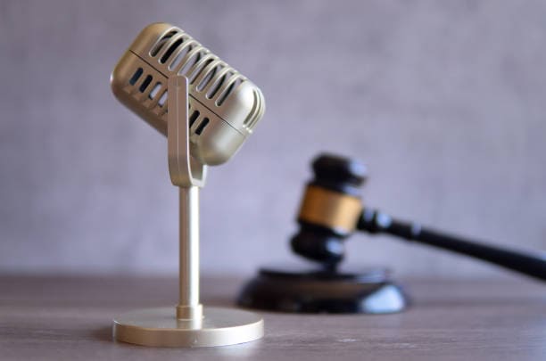 microphone and judge gavel. 