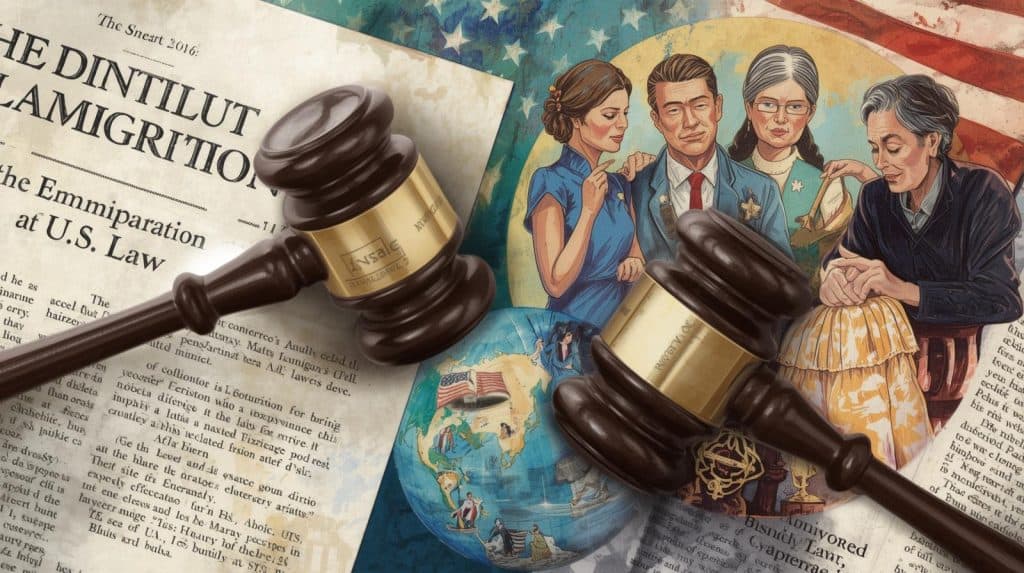 Marriage During Proceedings and K‑Visa Specifics Illustration symbolizing the role of a divorce immigration lawyer, featuring gavels, U.S. legal documents, and a family with diverse backgrounds. The imagery includes a globe, American flag, and cultural elements to represent the intersection of immigration law and divorce cases.