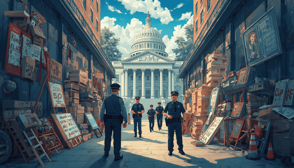 Police officers stand in an alley leading to a domed government building for violation of civil rights examples.