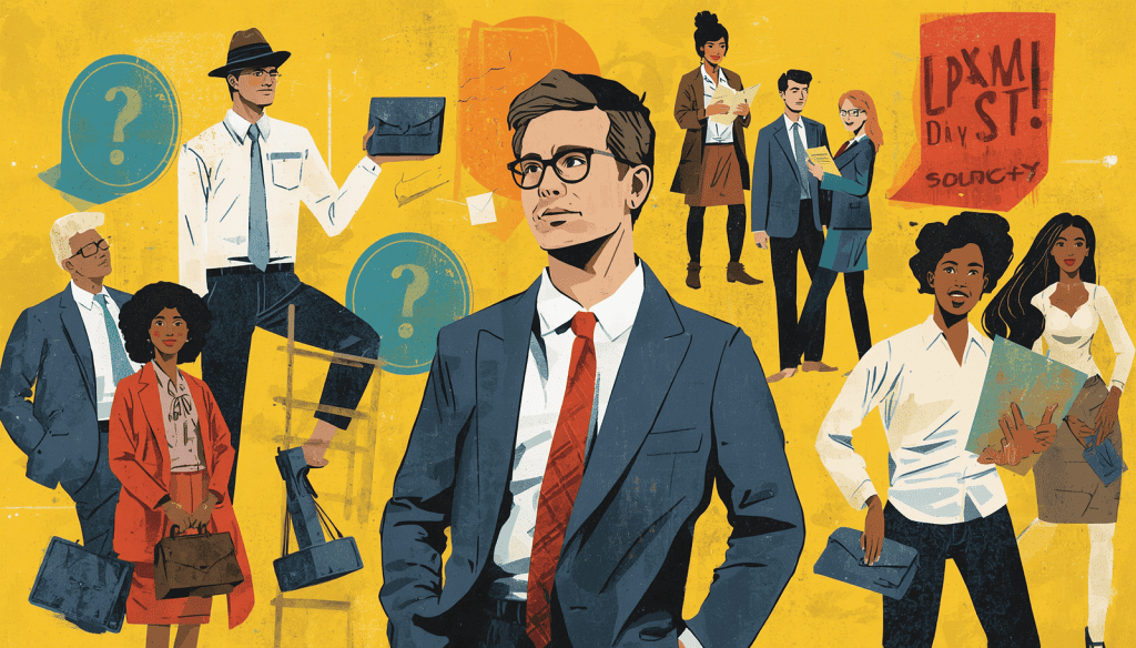 Questions to Ask Before Hiring or Accepting Help From a Civil Rights Lawyer Legal professionals and clients with question symbols, clipboards, and case folders on a yellow background.
