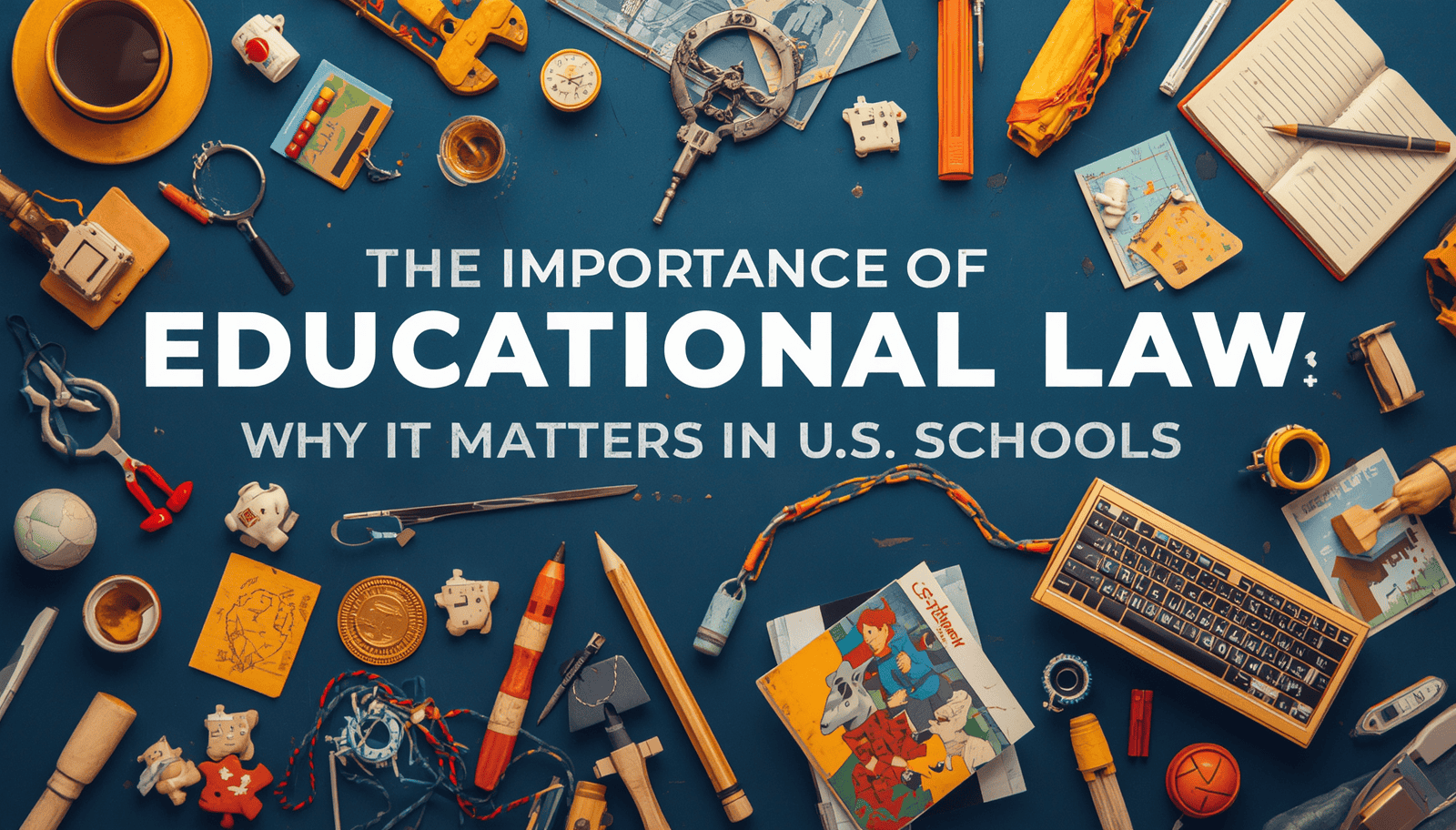 Educational law banner with school supplies around the title The Importance of Educational Law.