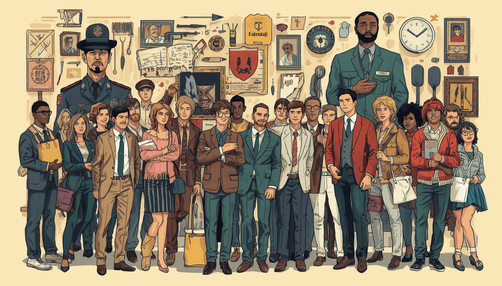 Illustration for violation of civil rights examples, with a diverse group and civic case symbols.
