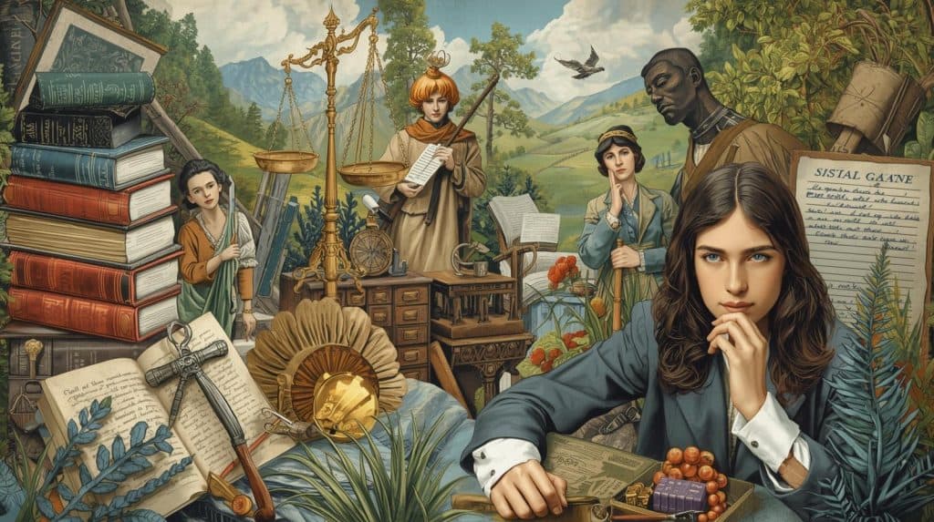 Detailed illustration of legal books, scales of justice, and professionals reviewing documents in a natural landscape, symbolizing what does an environmental lawyer do in researching environmental laws, analyzing regulations, and advocating for environmental protection.