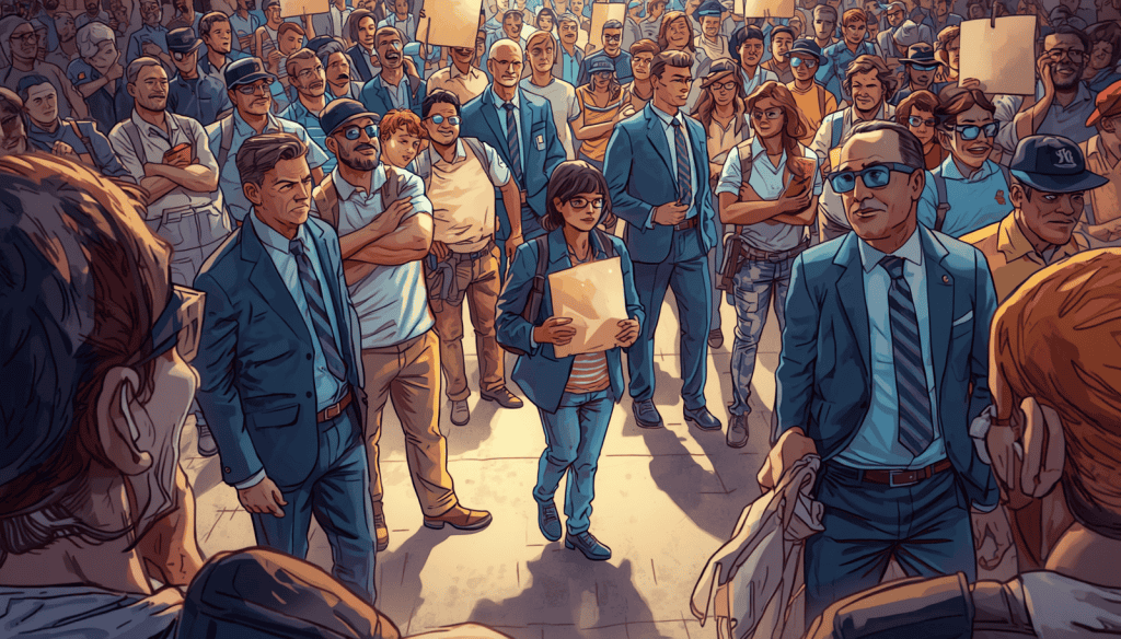 Crowd surrounds a person holding a folder, illustrating violation of civil rights examples.