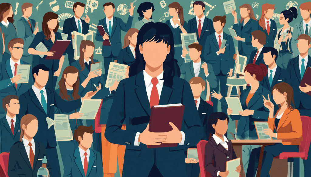 Illustration about the importance of educational law, showing people with documents and legal symbols.