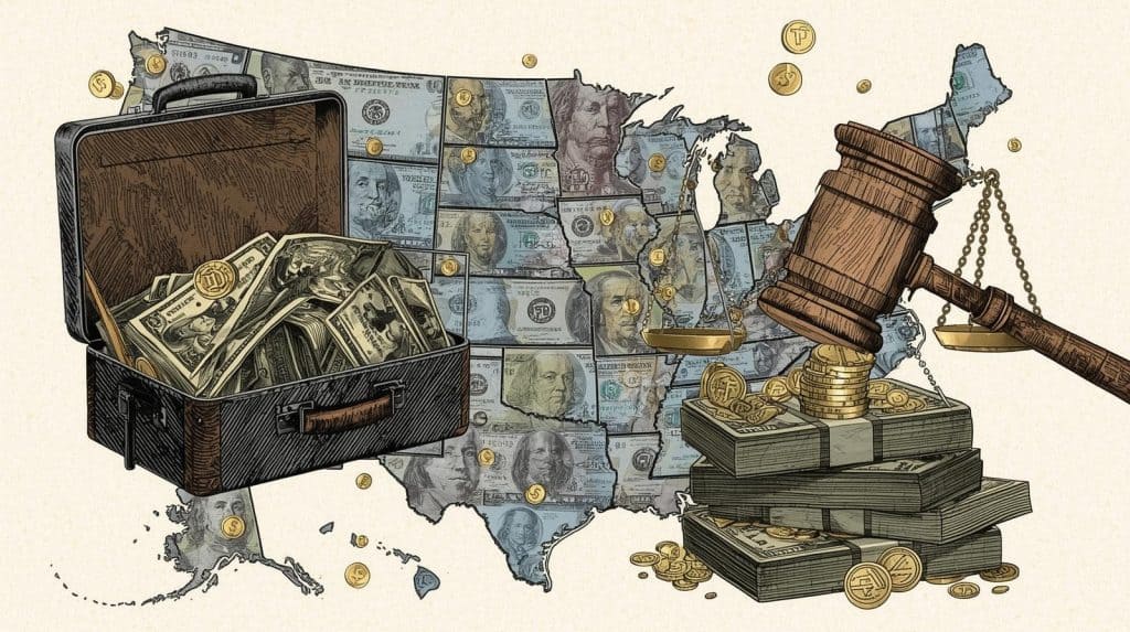 Highest Paying States for Personal Injury Lawyers Illustration of a map of the United States covered in dollar bills with a gavel, scales of justice, and stacks of money, symbolizing regional earnings and how much does a personal injury lawyer make across different states.