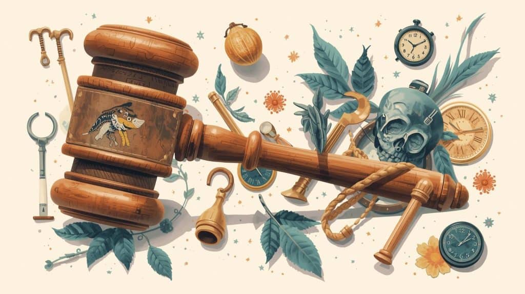 A creative illustration featuring a large wooden gavel surrounded by objects symbolizing personal injury and justice, including crutches, clocks, a skull, leaves, and medical tools. The artwork visually represents the theme “Types of Personal Injury Cases,” blending legal and injury-related symbols in a detailed and symbolic composition.