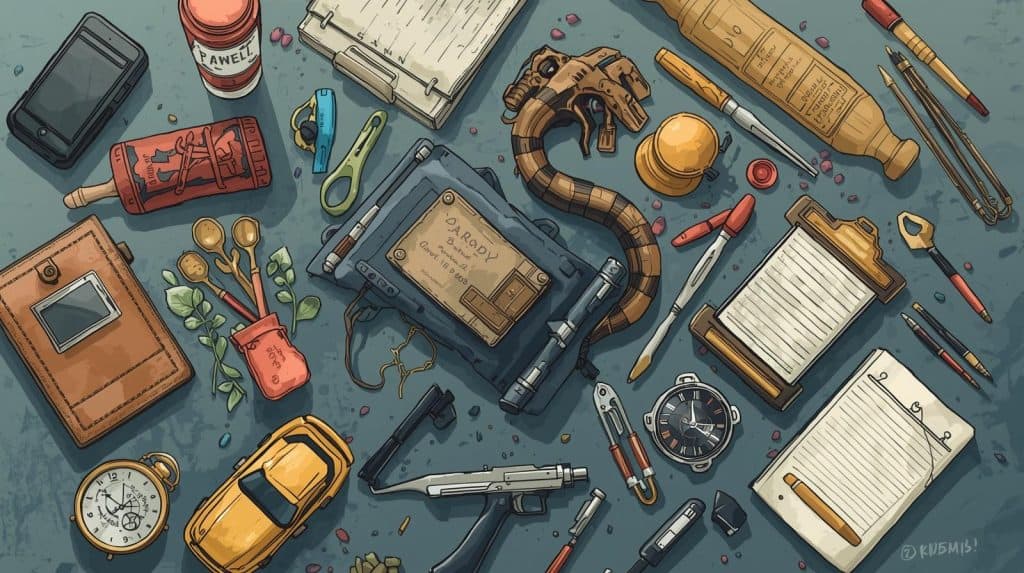 An artistic flat lay of various symbolic items representing different types of personal injury cases — including a toy car, medical tools, gun, clipboard, stopwatch, documents, and safety equipment — arranged on a blue-gray surface, illustrating legal and accident-related themes.