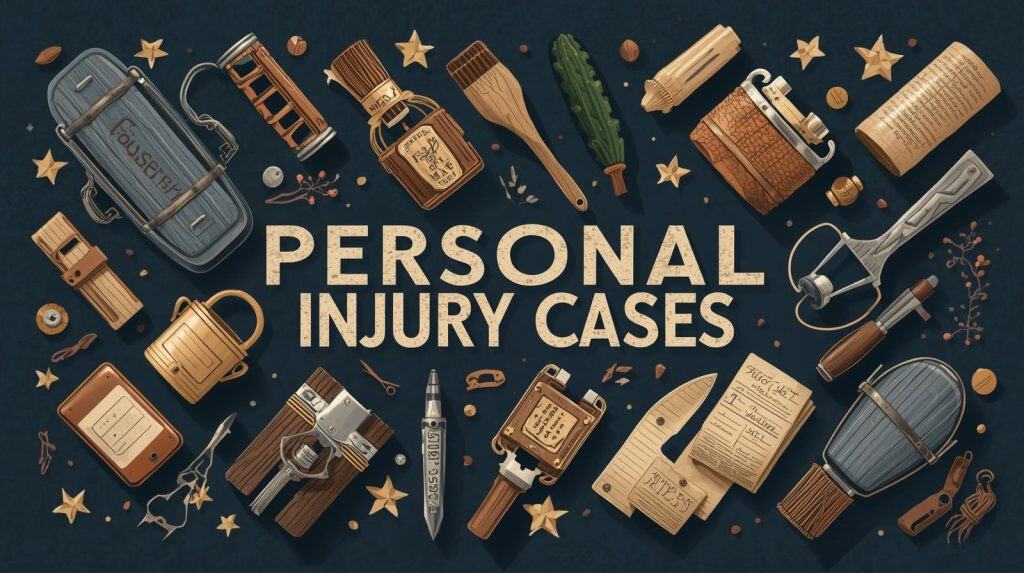 Flat lay composition featuring various vintage tools, instruments, and objects arranged around the words ‘Personal Injury Cases.’ Items include legal papers, briefcases, compasses, locks, and measuring tools, symbolizing different aspects of personal injury law.