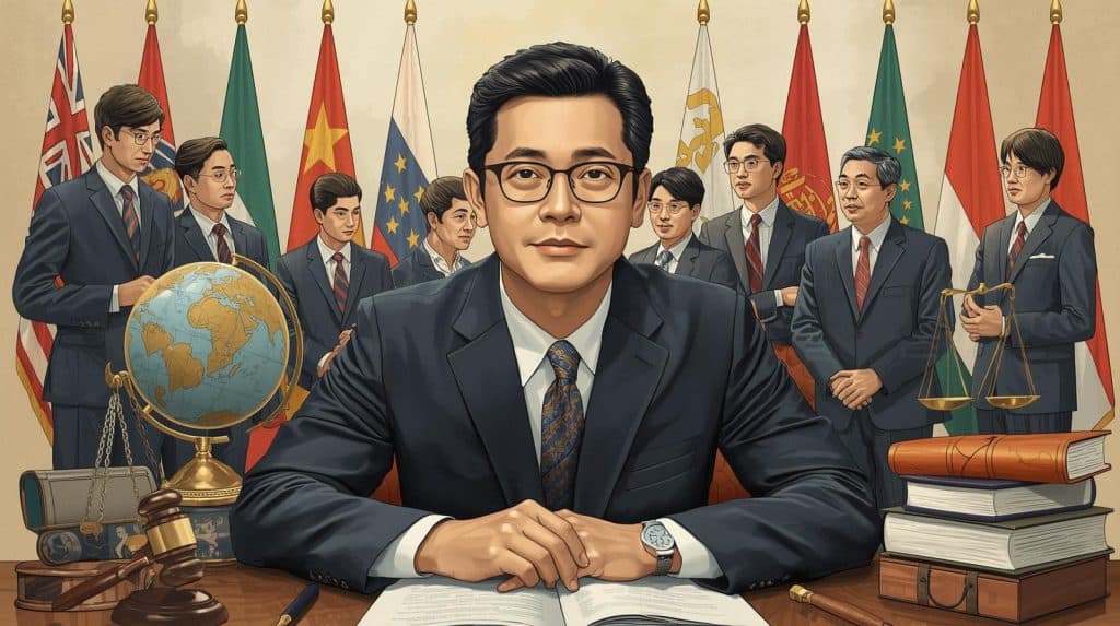 Average Salary Range for Entry Level International Lawyers Group of international lawyers in suits discussing global legal matters with flags, globe, and law books, representing How Much Does an International Lawyer Make in the US? A Complete Salary Guide.