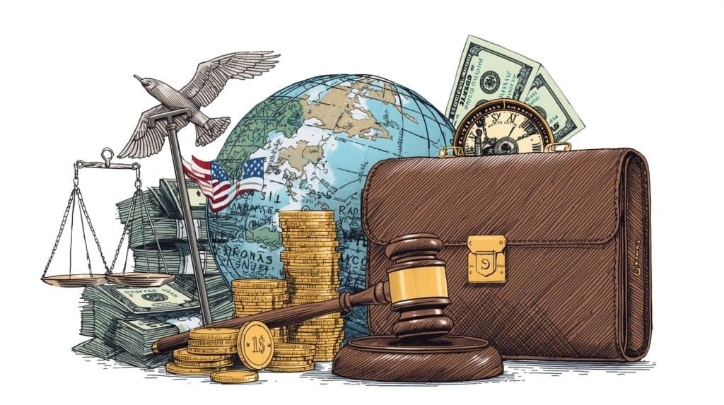 Average Salary Range for International Lawyers in Different Regions of the US Illustration featuring a globe, stacks of money, gold coins, a gavel, and a briefcase symbolizing global law and finance, representing How Much Does an International Lawyer Make in the US? A Complete Salary Guide.