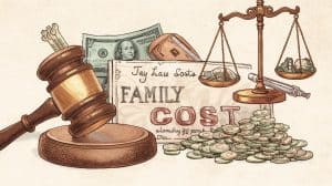 Illustration of a gavel, a balance scale filled with coins, and dollar bills symbolizing the financial aspects of legal services. The image highlights the theme of legal costs and family law expenses, emphasizing the concept of “how much does a family lawyer cost.