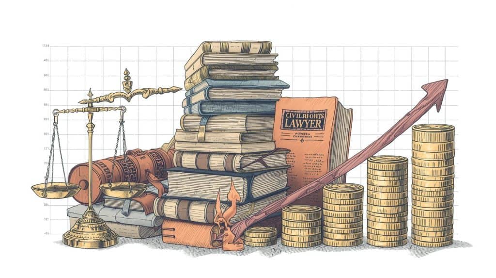 Books, scales of justice, and stacks of coins symbolizing financial growth and legal expertise, representing how much does a civil rights lawyer make and ways to increase earning potential in the legal field.