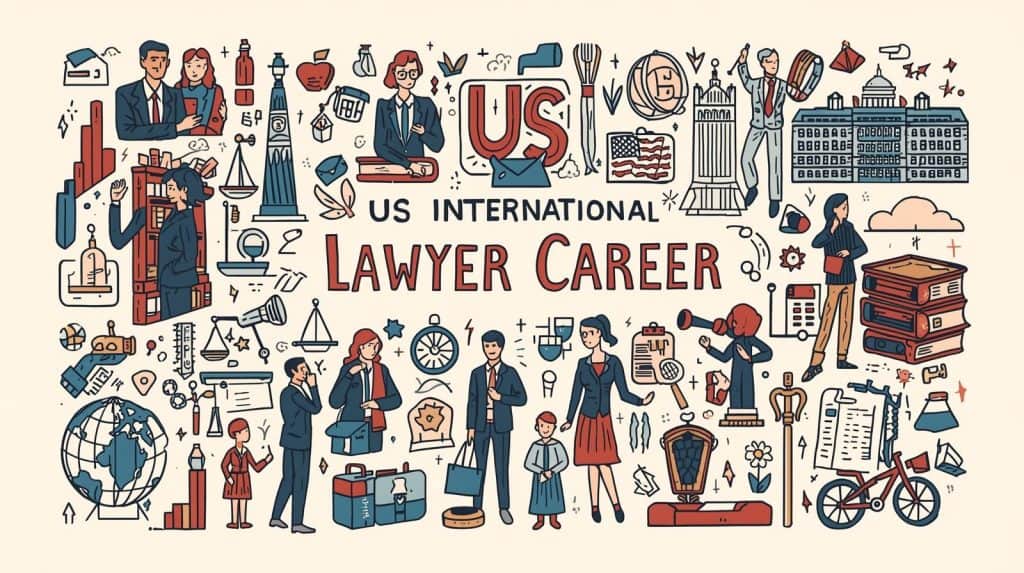 Potential for Salary Growth and Career Advancement Illustrated concept of international law careers featuring lawyers, scales of justice, globe, and legal symbols, representing How Much Does an International Lawyer Make in the US? A Complete Salary Guide.