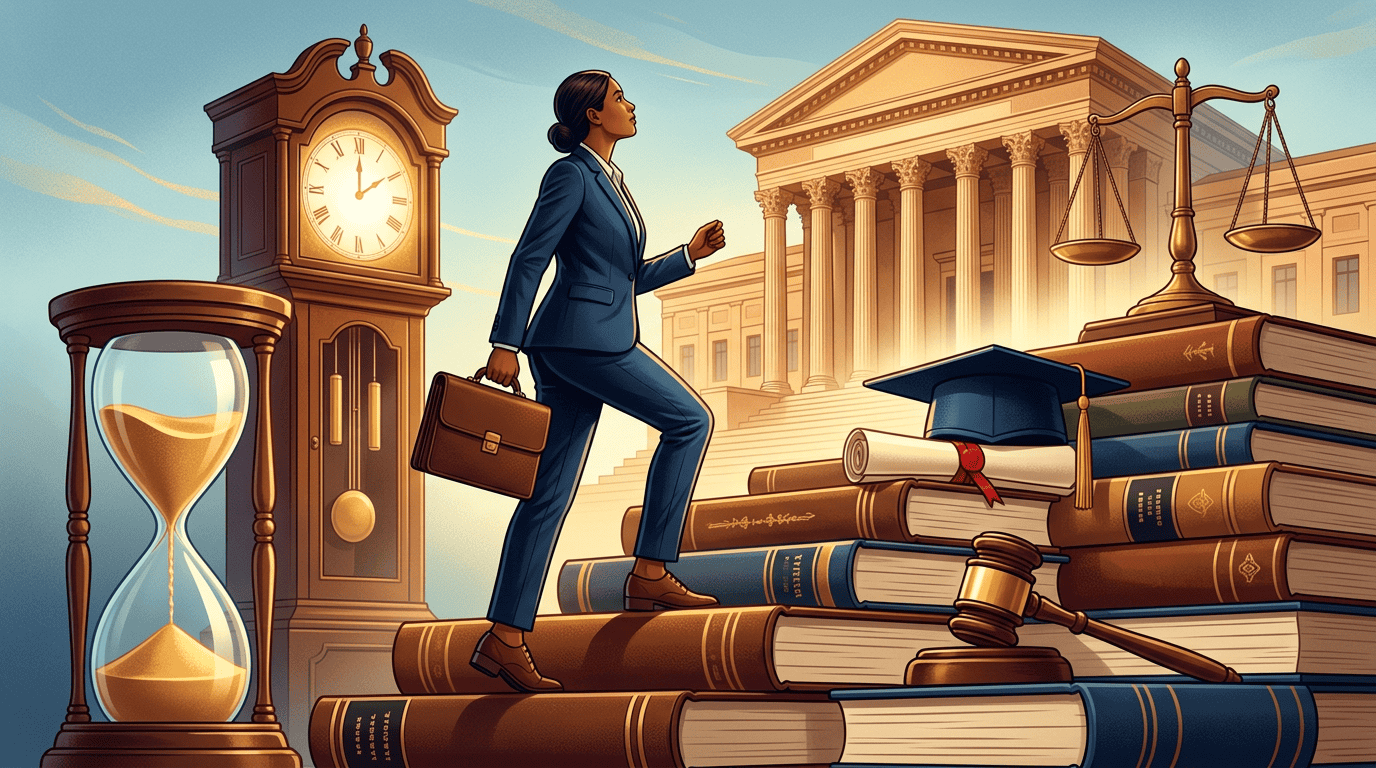 Illustration of a woman climbing law books toward a courthouse, representing how long you have to be in school to become a lawyer.