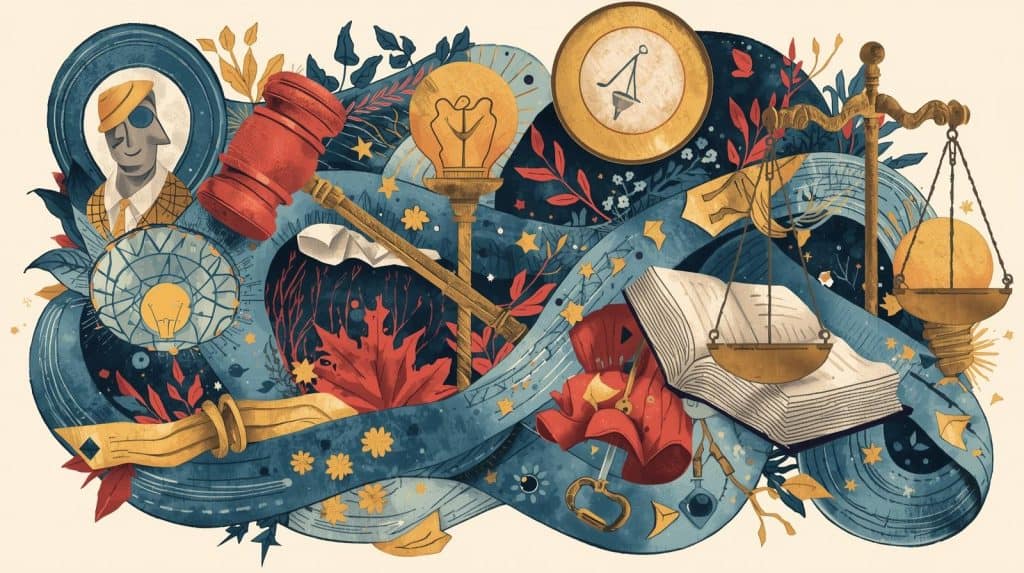 Artistic illustration featuring legal symbols like a gavel, balance scales, and open book, representing diversity and inclusion in white shoe law firms and their modern initiatives.