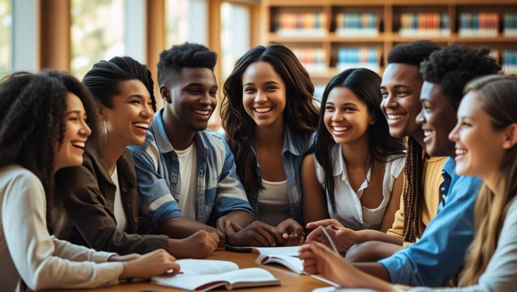 Experience Internships Clinics and Service Group of diverse students studying together in a library, representing what should you major in to become a lawyer.