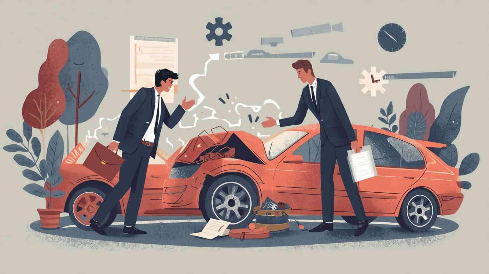 Car accident lawyer reviewing damage and speaking with a driver beside a crashed car after an accident.