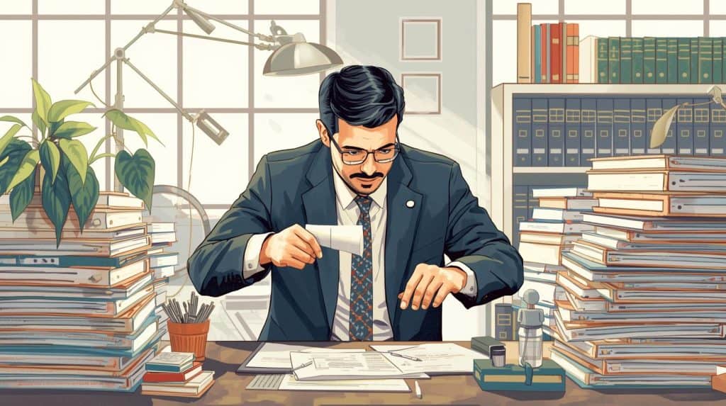 Immigration lawyer reviewing green card paperwork at a desk, showing what does an immigration lawyer do during the application process.