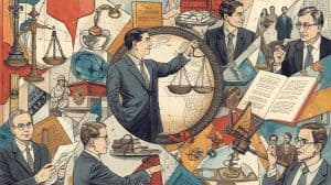 Professional illustration showing lawyers, legal symbols, and global connections representing what is a white shoe law firm and its traditional prestige in the legal industry.