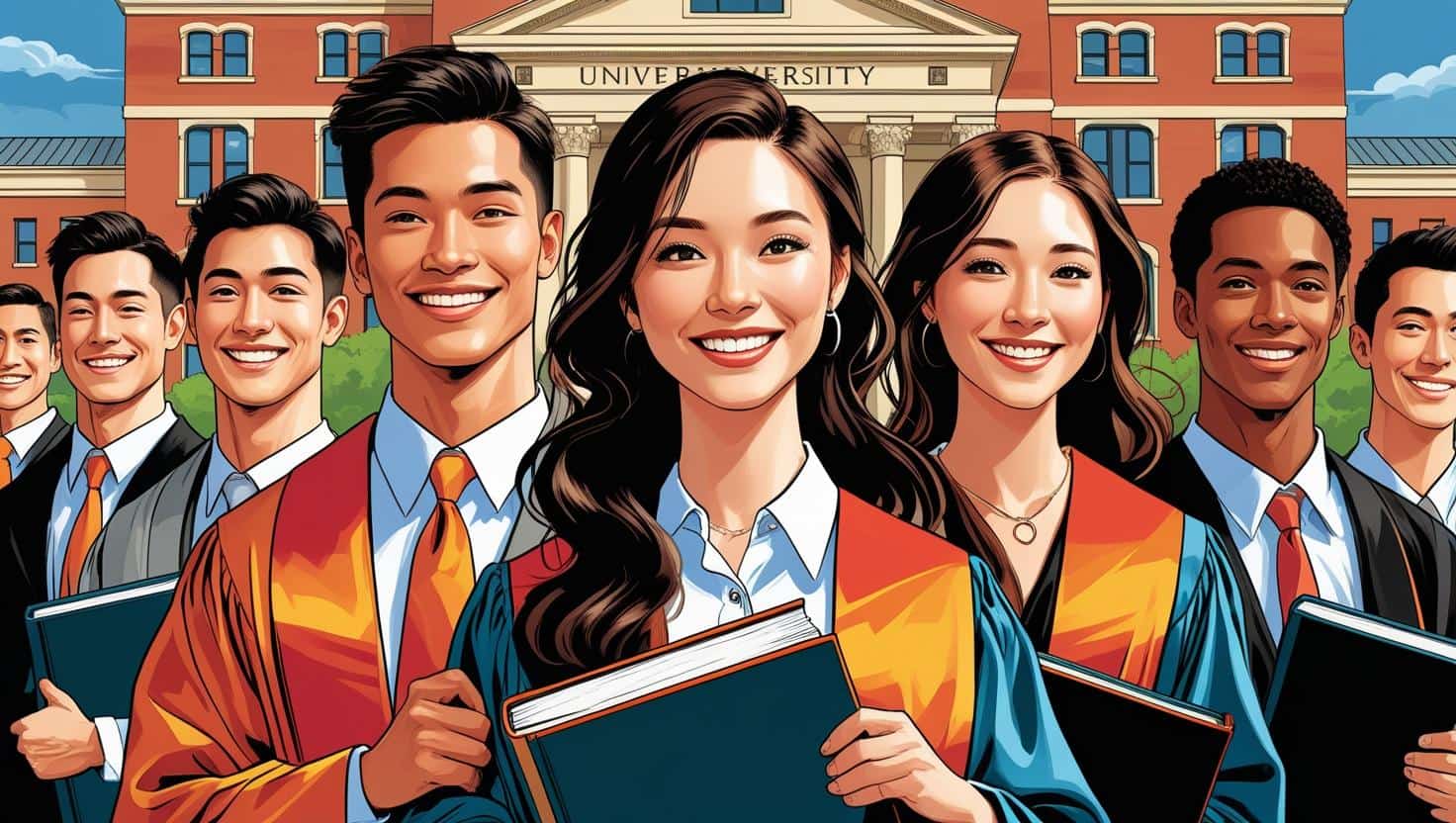 Group of smiling university students in graduation gowns holding books outside a law school, representing the majors you can choose to become a lawyer.