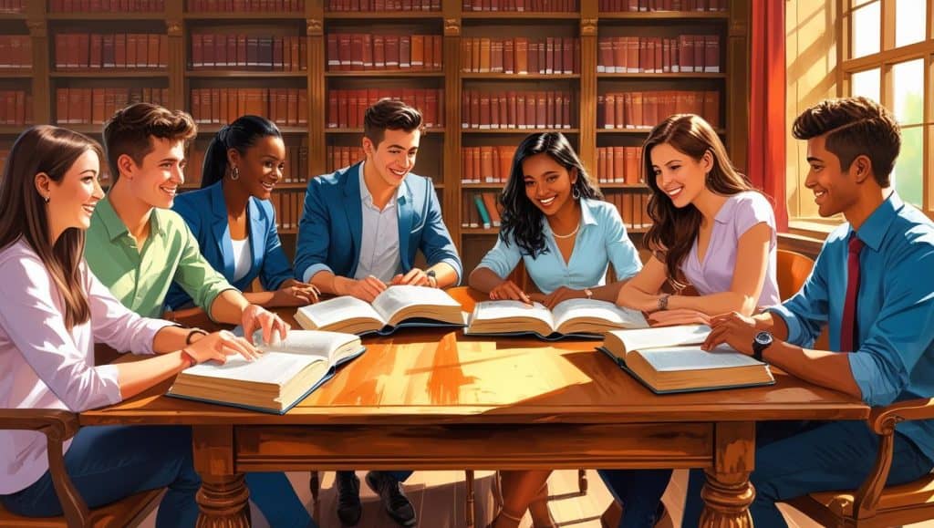 Where a Pre Law Label Helps—and Where It Does Not Group of diverse college students studying law books together in a library, representing what should you major in to become a lawyer.