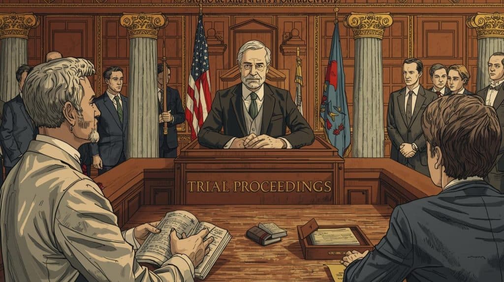 District attorney presenting a case before a judge during courtroom trial proceedings, illustrating when does a district attorney get involved in criminal prosecution.