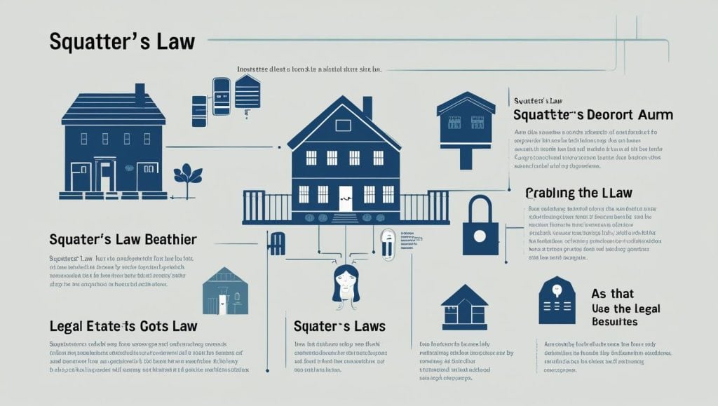 Infographic explaining what is squatters law with illustrations of houses, locks, and property rights, showing how squatters law affects property ownership.