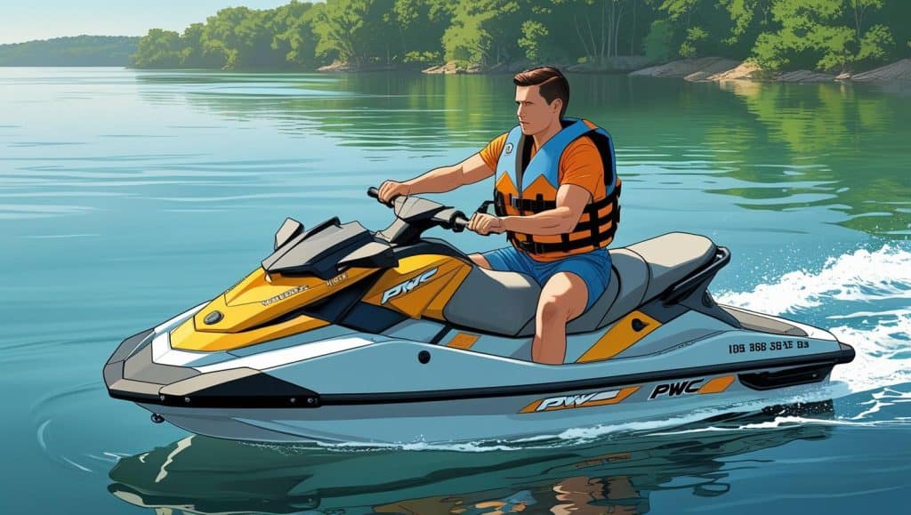 What officers actually do during a stop Man riding a PWC on a calm lake wearing a visible life vest with registration numbers displayed, showing what must be visible to law enforcement personnel while operating a PWC.