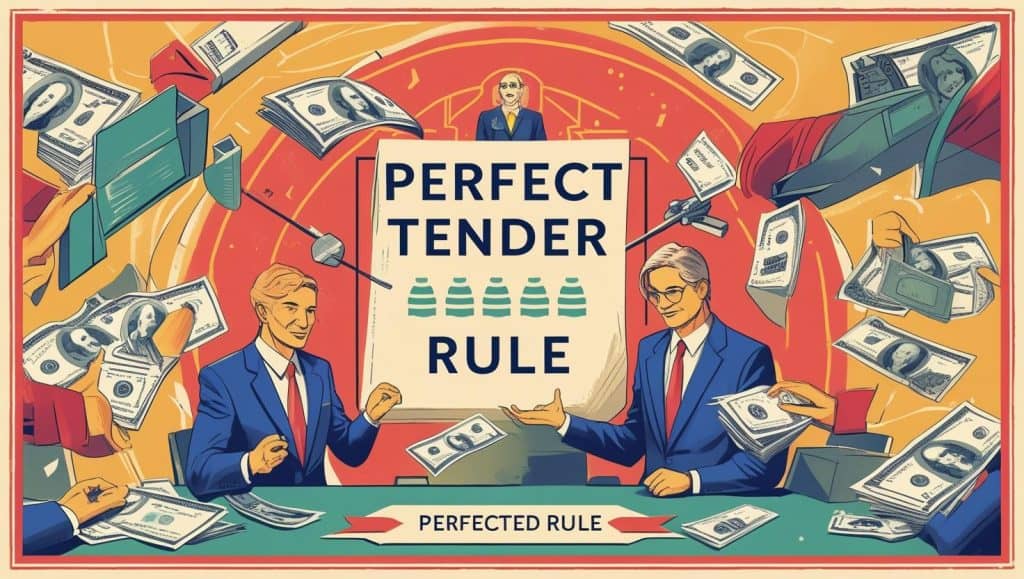 Illustration representing the perfect tender rule legal definition, featuring lawyers exchanging money, documents, and a central board displaying 'Perfect Tender Rule'.