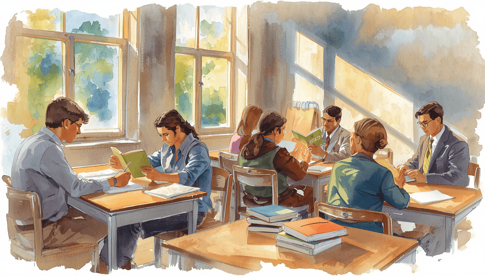 Students and professionals reading and writing at classroom desks in an education law programs illustration.