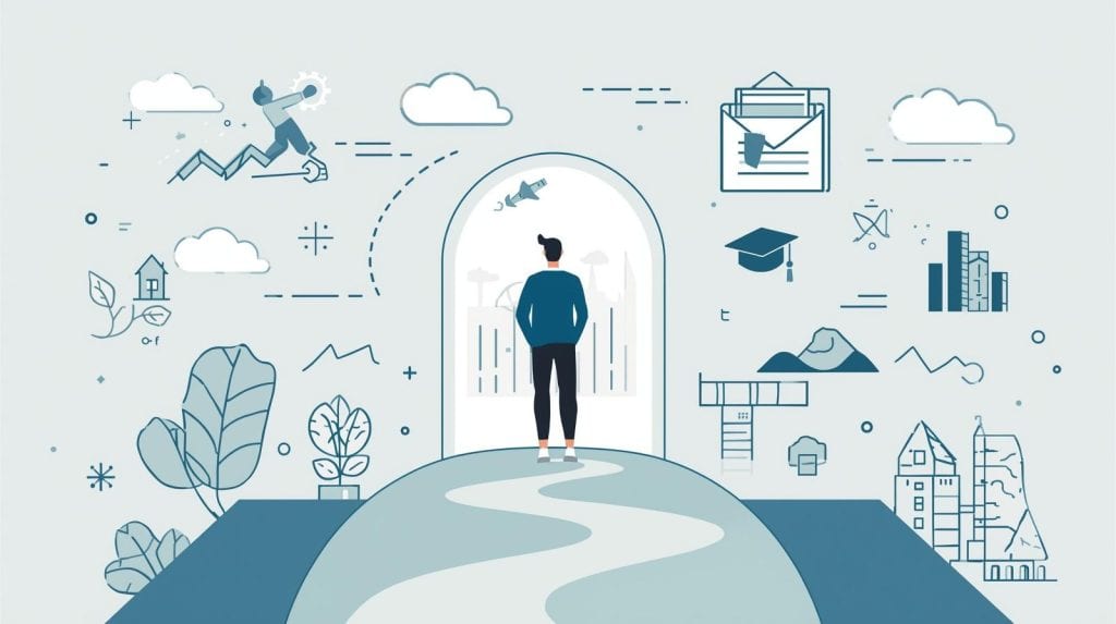 Beyond Admission Building Your Career Person walking toward a doorway surrounded by education and career icons, representing how to become a lawyer in Florida.