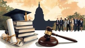 Books, diploma, gavel, and legal professionals by a capitol building, representing how to become a lawyer in Florida.
