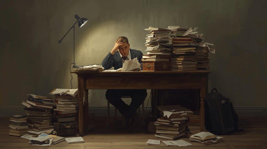 The Bar Exam Journey Law student studying late with stacks of books and exam papers, showing how to become a lawyer in Florida.