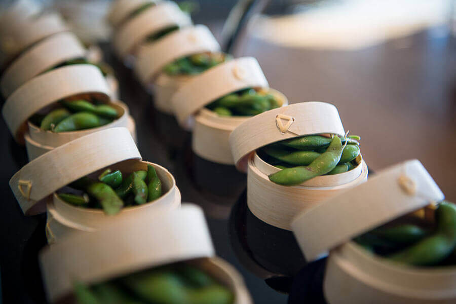 Asian-inspired edamame appetizer cups served at Le Chateau Banquets reception station